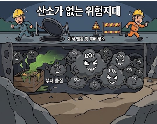 지하 맨홀과 부패 장소에 시꺼먼 이산화탄소가 가득 찬 ‘산소가 없는 위험지대’ 삽화