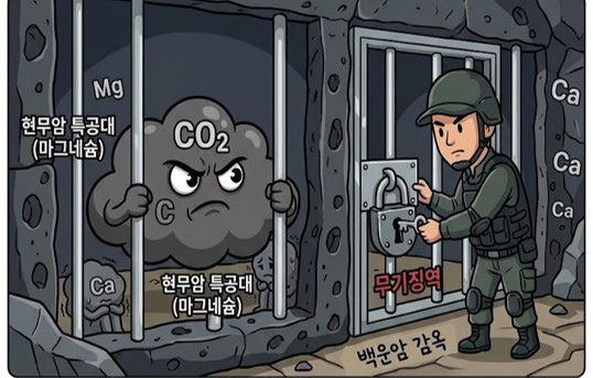 현무암 특공대가 백운암 감옥에 갇힌 시꺼먼 이산화탄소의 자물쇠를 잠그는 삽화