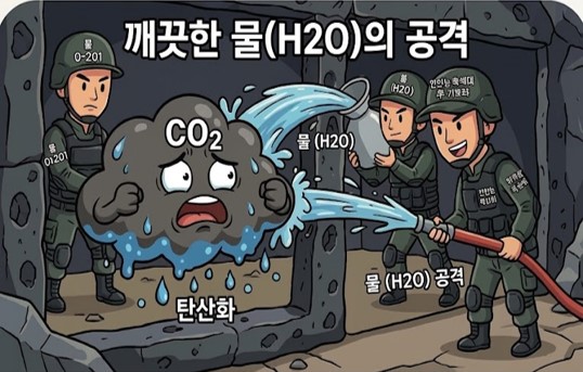 물 특공대가 호스로 물을 뿌리자 젖어서 당황하는 시꺼먼 이산화탄소