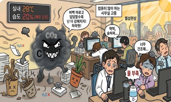 실내 28도 습도 20%의 건조한 고층 사무실에서 신나게 날뛰는 시꺼먼 이산화탄소와 지친 직장인들