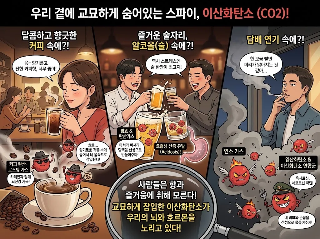커피·술·담배 연기 속에 숨어 있는 이산화탄소 삽화