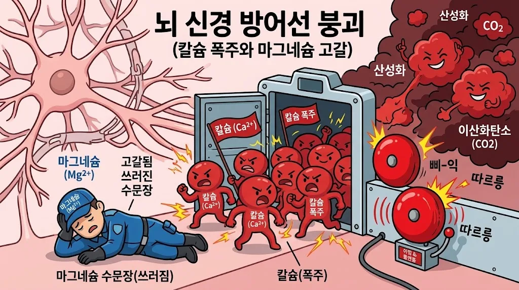 마그네슘 수문장이 쓰러지고 칼슘이 폭주하는 뇌 신경 삽화