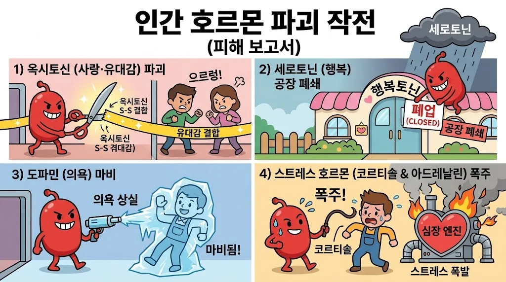 옥시토신, 세로토닌, 도파민, 스트레스 호르몬 피해를 네 컷으로 그린 삽화