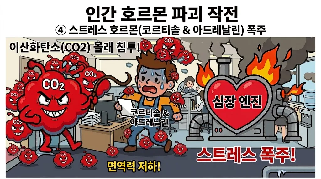 스트레스 호르몬이 폭주해 심장 엔진이 과열되는 삽화