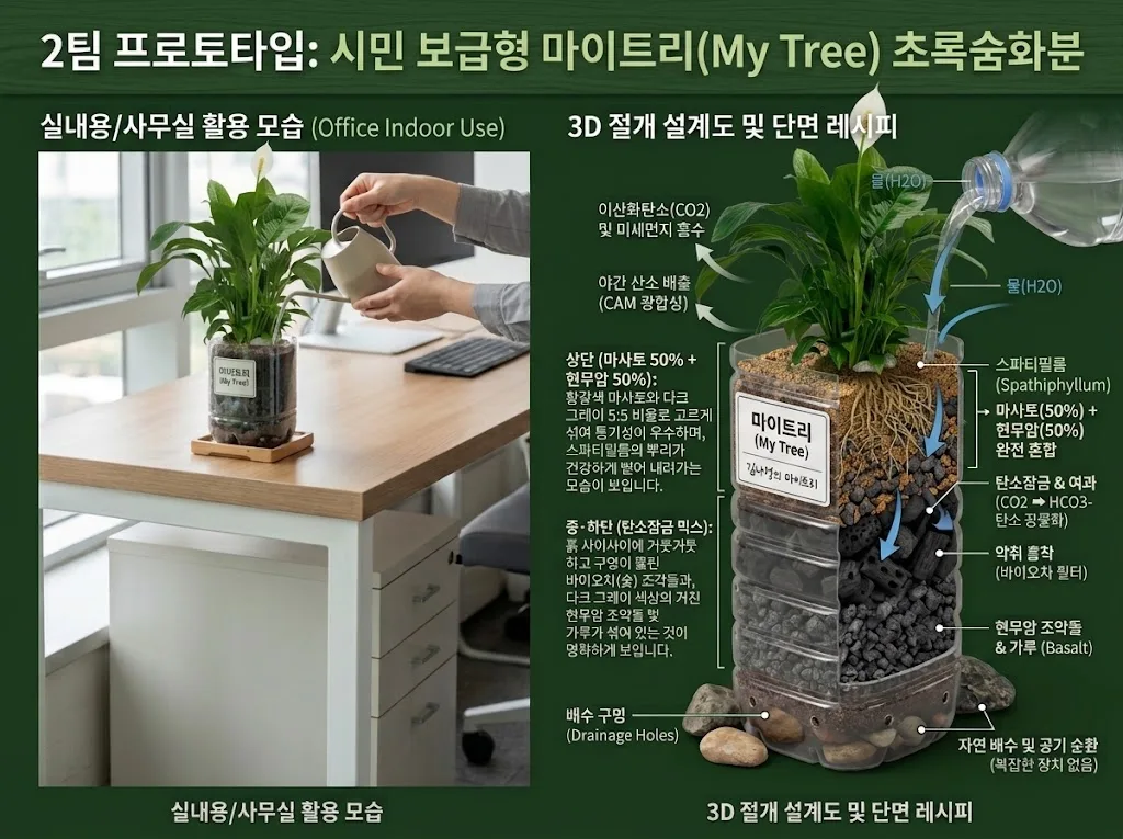 사무실 책상 위 초록숨화분과 3D 절개 설계도